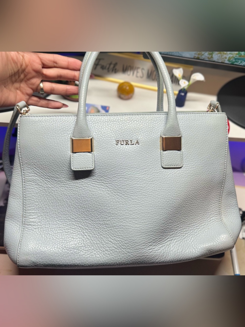 Furla Light blue Pebbled Leather Satchel with Gold Accents